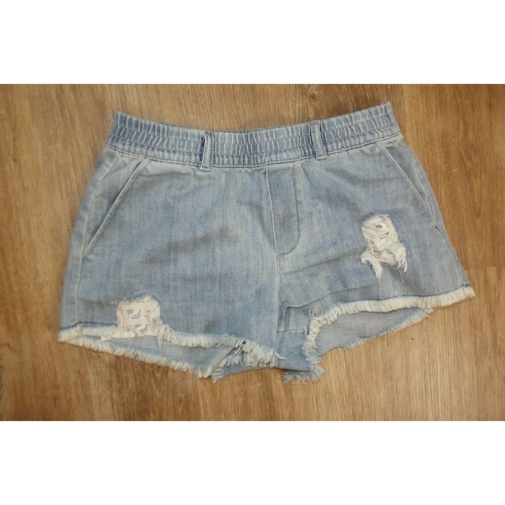 AERIE Womens Pull On Elastic JEAN SHORTS -Size XS - Light Wash Distressed Fringe